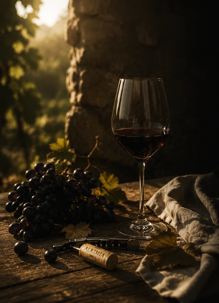 Copa de vino, uvas y luz cálida en una escena premium de Alkimia