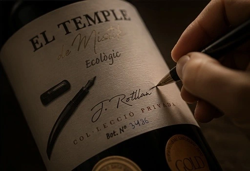 Detalle de etiqueta de vino Alkimia firmada a mano
