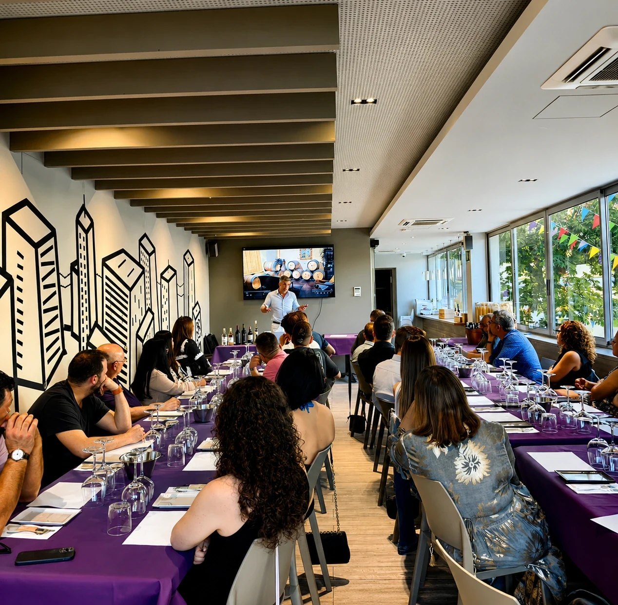 Grupo disfrutando una dinámica de vino